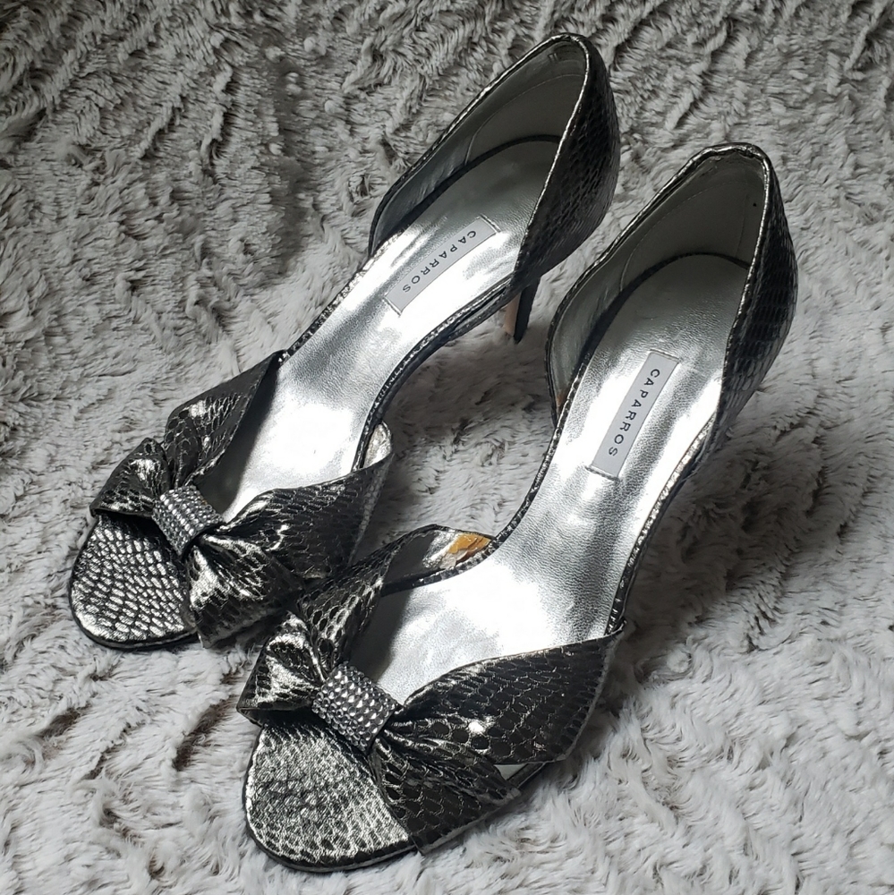 Caparros gunmetal snake skin open toe d'orsay heels with rhinestones, size 8.5